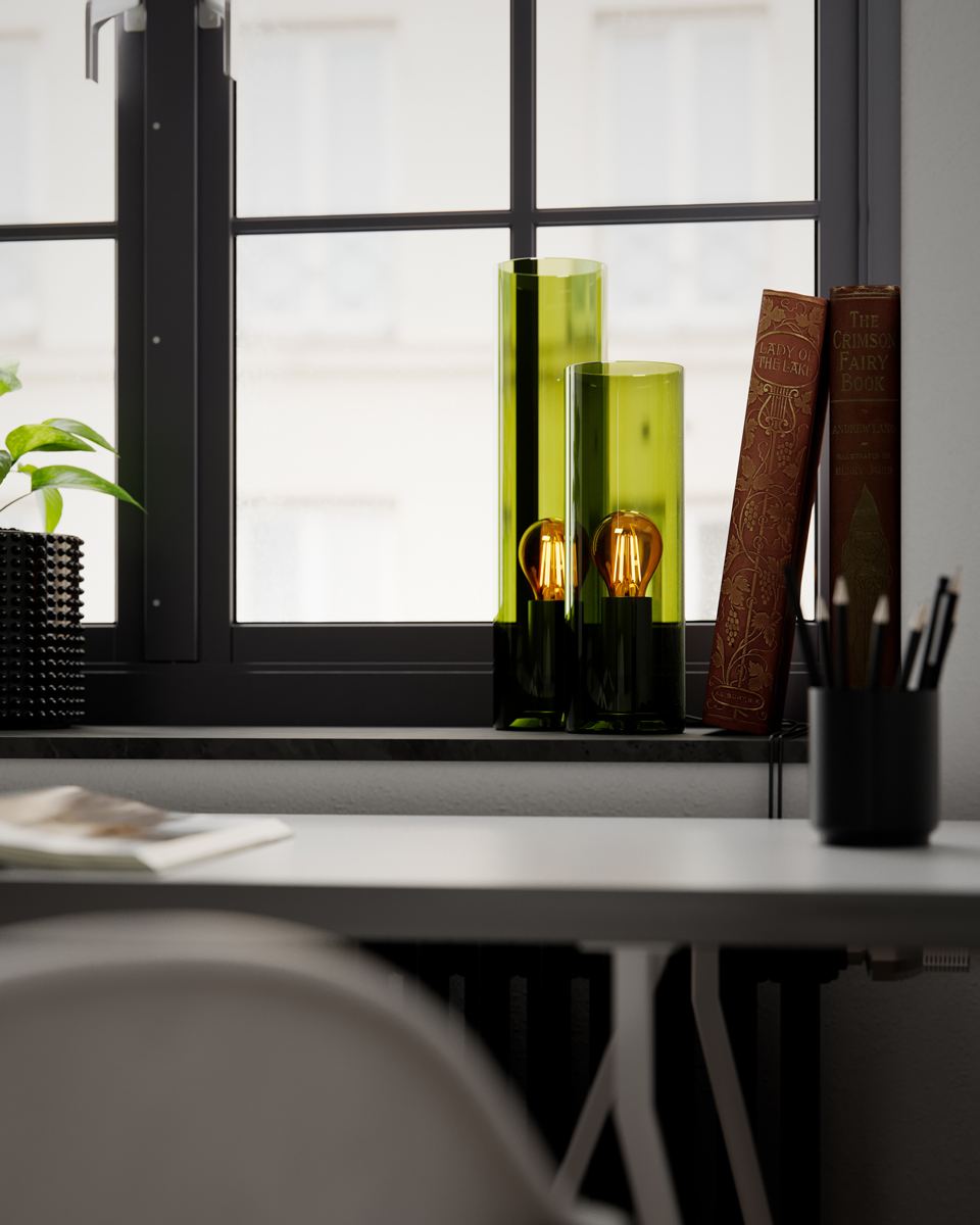 Flake 30cm Groente tafellamp Van By Rydéns - Met zijn elegante cilindervormige glas en de beschikbaarheid in trendy kleuren zoals donker amber en groen, maar ook wit, is Flake de perfecte lamp om stijl en sfeer te cre&euml;ren in uw huis.