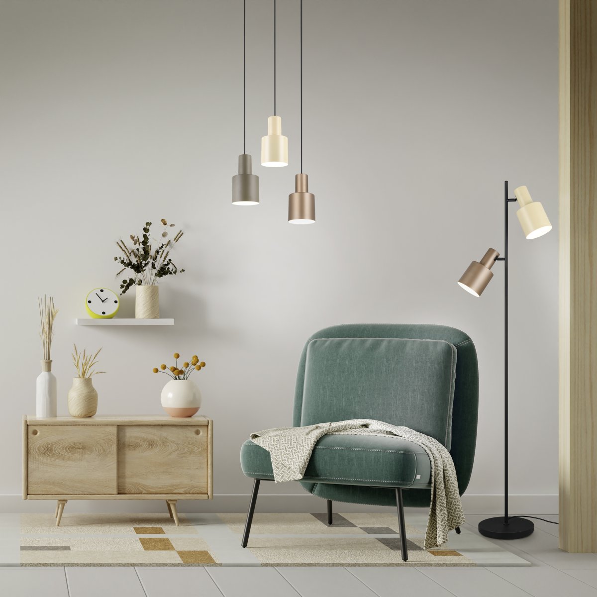 Agudo Bruin vloerlamp Van Trio Lighting - Met zijn horizontaal verstelbare lampenkappen in harmonieuze kleuren – koffie en lichtbruin – creëert hij een warme en uitnodigende sfeer in de kamer.
