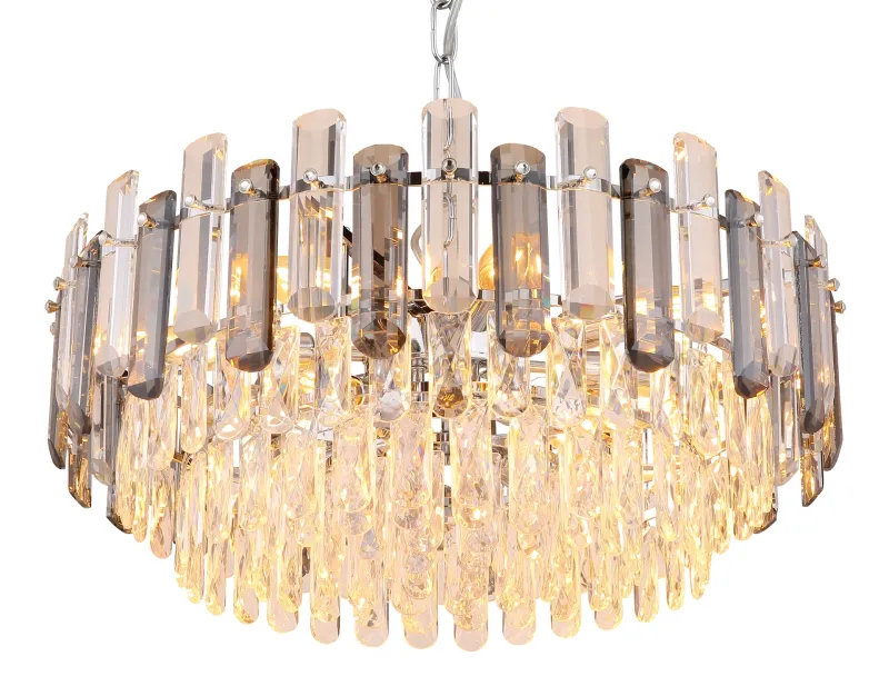 Orgina Ø60 Rookkleurig kristal Van Globo Lighting - Takkronan Orgina tillf&ouml;r rummet en lyxig k&auml;nsla med gnistrande kristaller och r&ouml;kf&auml;rgade glasstavar.