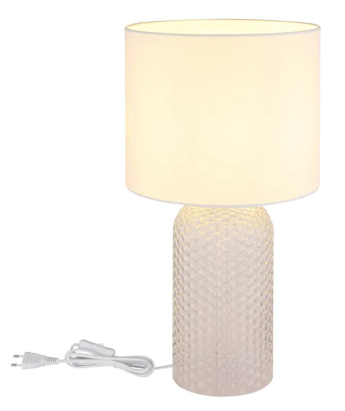 Sofia 50cm Wit tafellamp Van Globo Lighting - Bordslampan Sofia imponerar med sin eleganta kombination av en texturerad glaskropp och en cylindrisk textilsk&auml;rm.