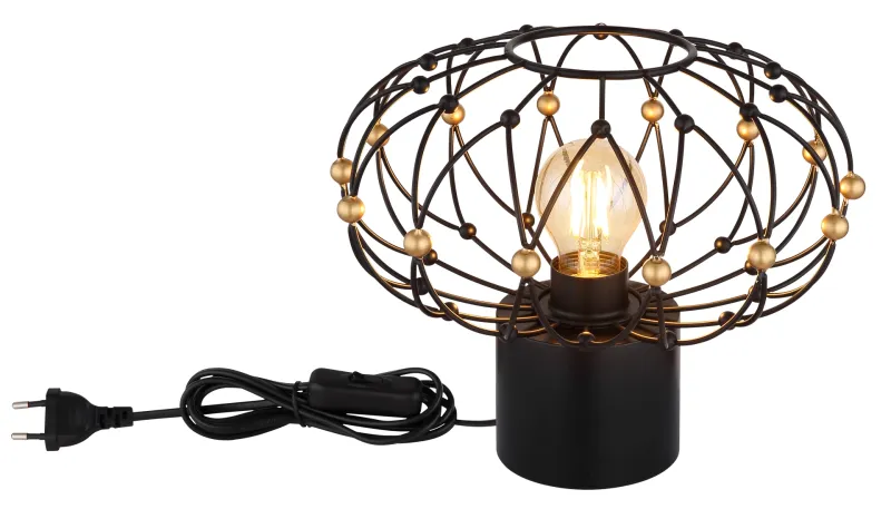 Greys 25cm Zwart tafellamp Van Globo Lighting - Den runda metallsk&auml;rmen i mattsvart med dekorativa guldf&auml;rgade detaljer ger lampan ett sofistikerat uttryck och blir ett stilfullt inslag i hemmet.