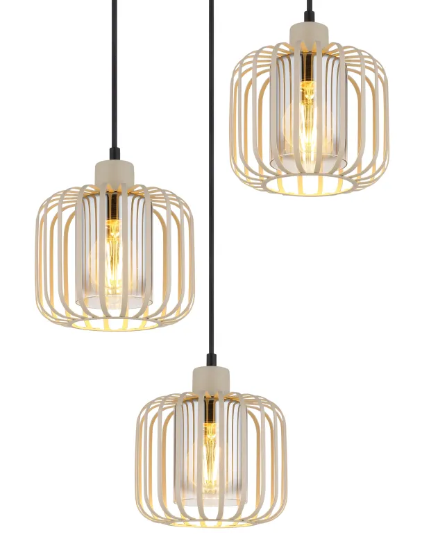 Alfred Ø44 Zand hanglamp Van Globo Lighting - Den &auml;r tillverkad av sandf&auml;rgad matt metall och har mjukt rundade metalln&auml;tssk&auml;rmar med en inre glascylinder, som skapar ett elegant och luftigt uttryck.