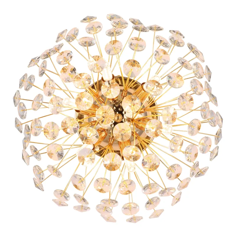 Katrina Ø40 Goud wandlamp Van Globo Lighting - Den runda stommen i guldf&auml;rgad metall och den halvsf&auml;riska sk&auml;rmen i klara K9-kristaller skapar en lyxig och inbjudande atmosf&auml;r.