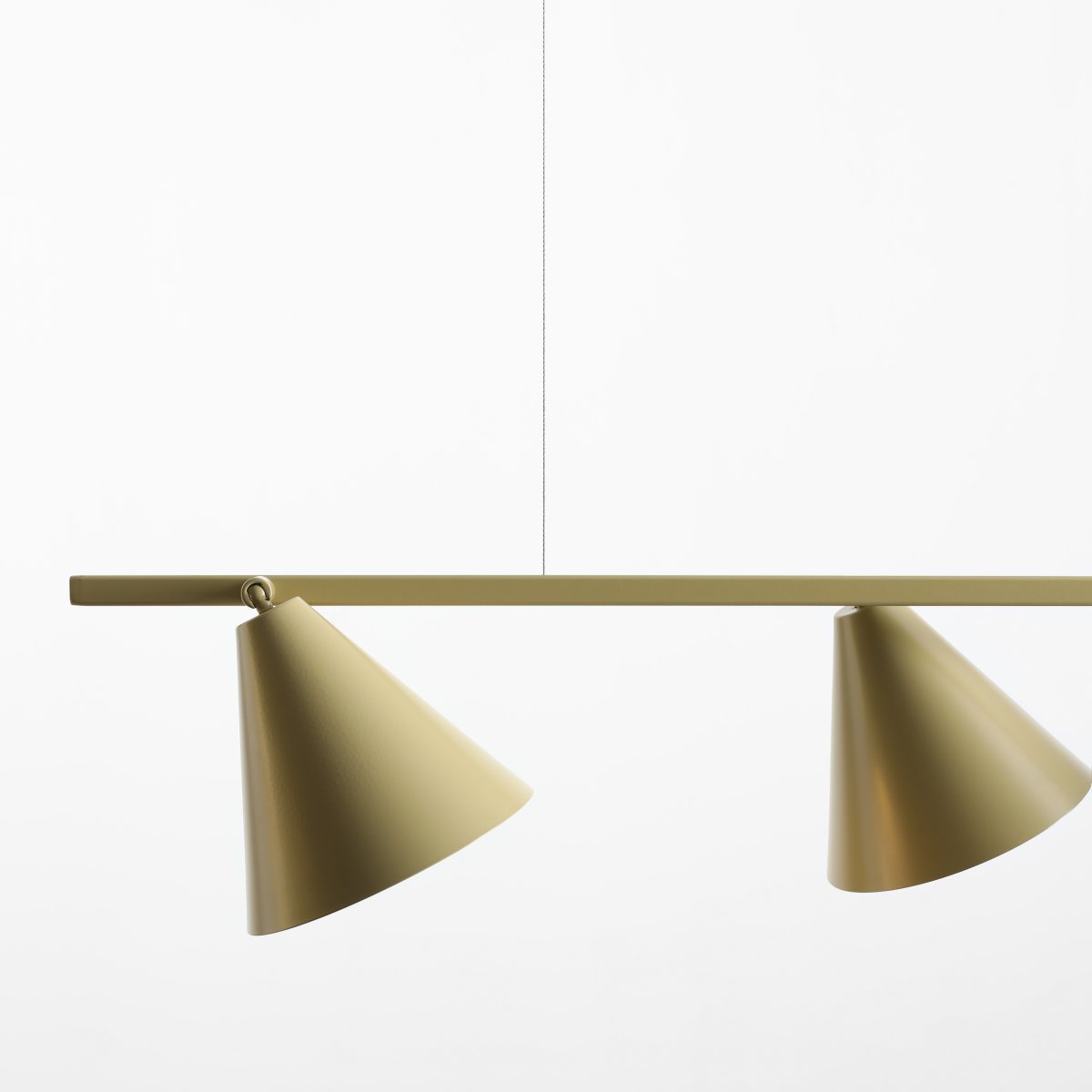Form 120cm Pistache hanglamp Van Artera - De langwerpige vorm wordt gecombineerd met vier kegelvormige kappen in een zachte pistachegroene kleur, wat de lamp een moderne en decoratieve uitstraling geeft.