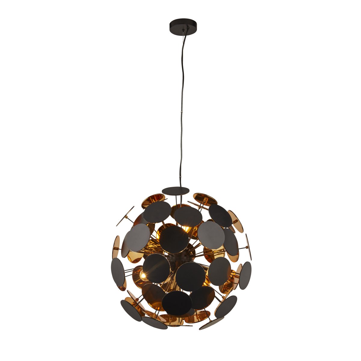 Discus Ø54 Zwart hanglamp Van Searchlight - De Discus hanglamp met zes lichtbronnen heeft een matzwarte afwerking en metalen spikes met ronde schijven aan de uiteinden en een goudkleurige binnenkant.
