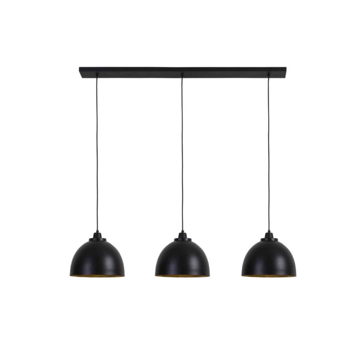 Kylie 135cm Zwart hanglamp Van Light & Living - Kylie is een rustieke plafondlamp van zwart metaal met drie kappen die aan de binnenkant goudkleurig zijn, waardoor een warme en aangename lichtverspreiding ontstaat.