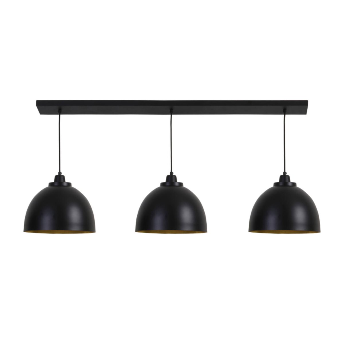 Kylie 135cm Zwart hanglamp Van Light & Living - Kylie is een rustieke plafondlamp van zwart metaal met drie kappen die aan de binnenkant goudkleurig zijn, waardoor een warme en aangename lichtverspreiding ontstaat.