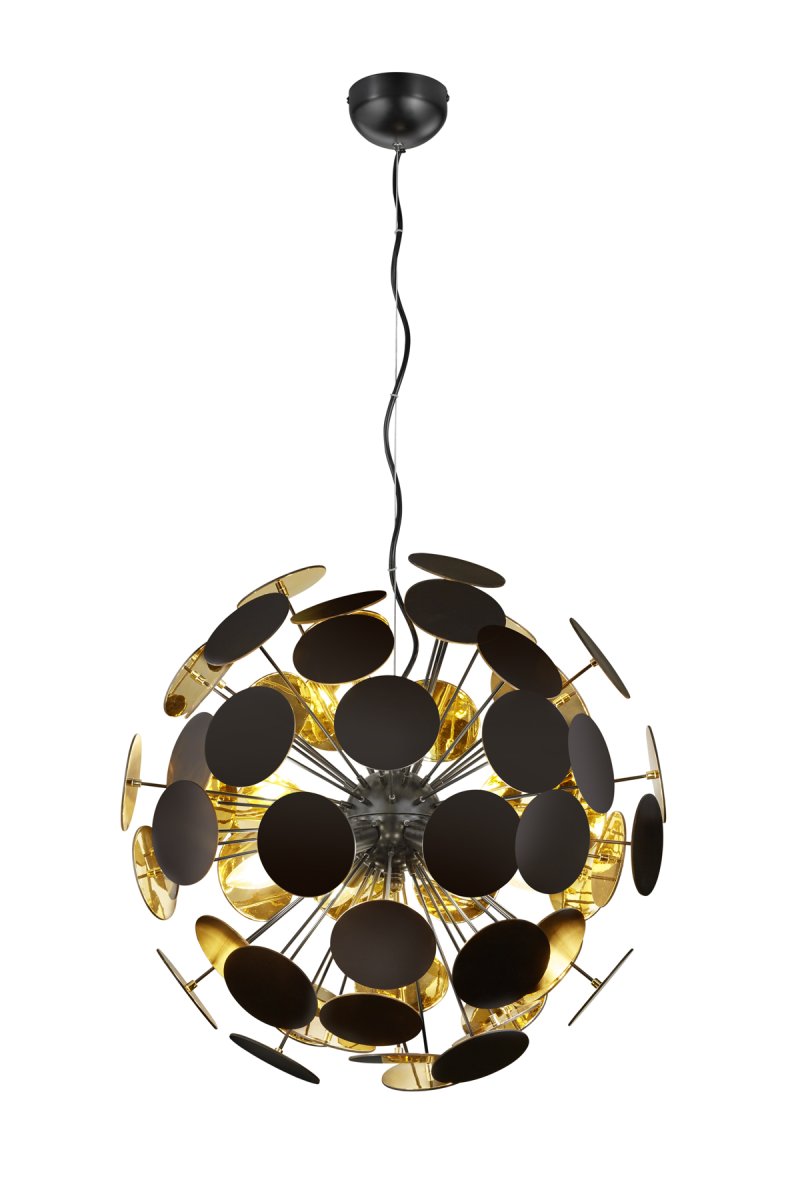 Discalgo Ø54 Zwart hanglamp Van Trio Lighting - Terwijl de kunststof ramen aan de buitenkant matzwart zijn, glanzen de ramen aan de binnenkant goud.