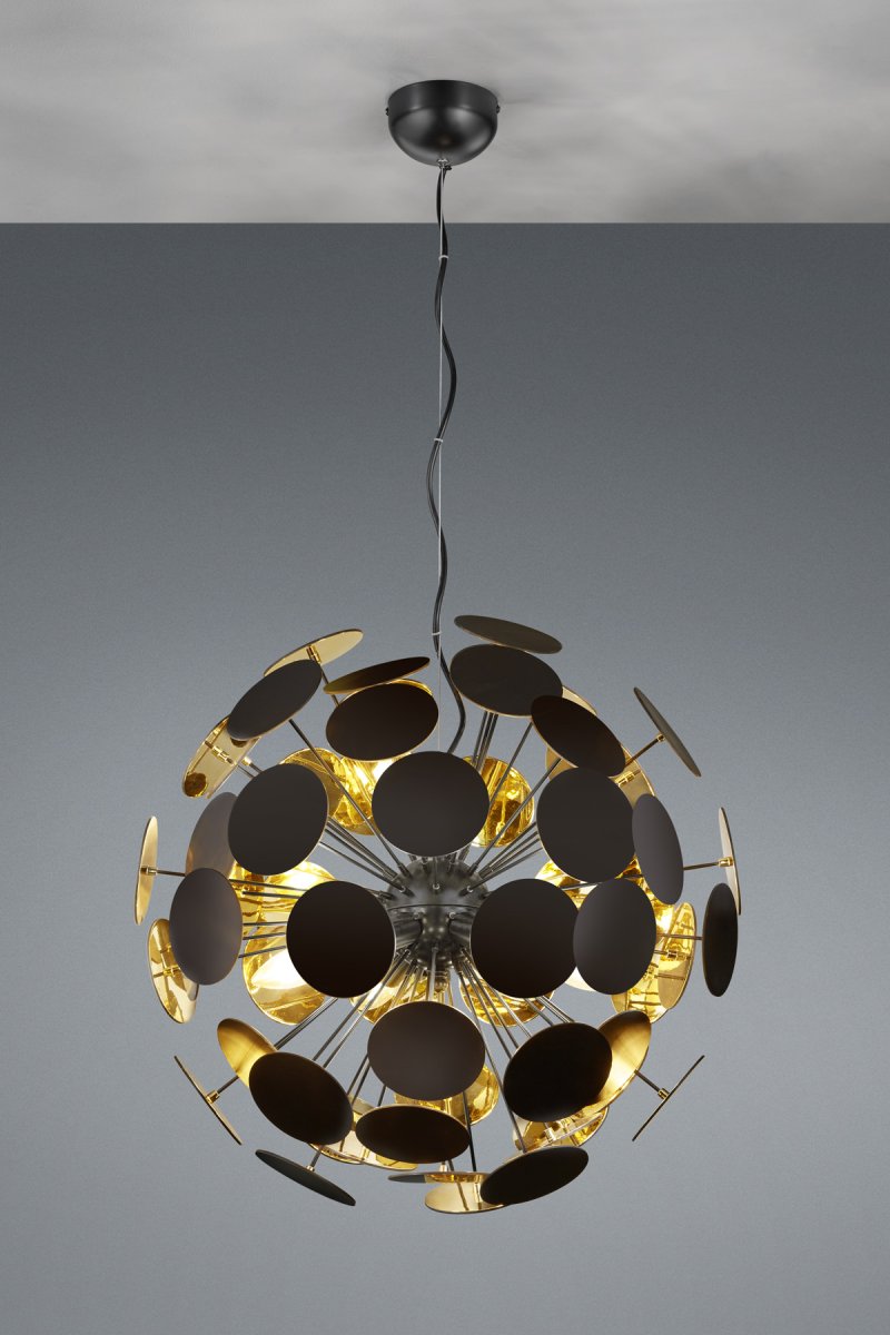 Discalgo Ø54 Zwart hanglamp Van Trio Lighting - Terwijl de kunststof ramen aan de buitenkant matzwart zijn, glanzen de ramen aan de binnenkant goud.
