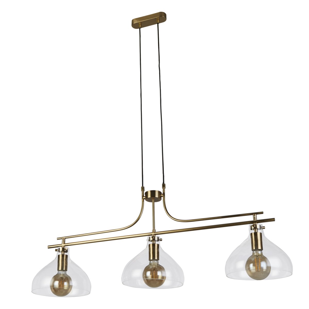 Margarita 110cm Messing hanglamp Van Searchlight - De lamp is gemaakt van duurzaam staal met een warme messing afwerking, wat een luxueuze uitstraling toevoegt en een natuurlijke blikvanger in de kamer vormt - of hij nu boven de keuken, de eettafel of in de woonkamer staat.