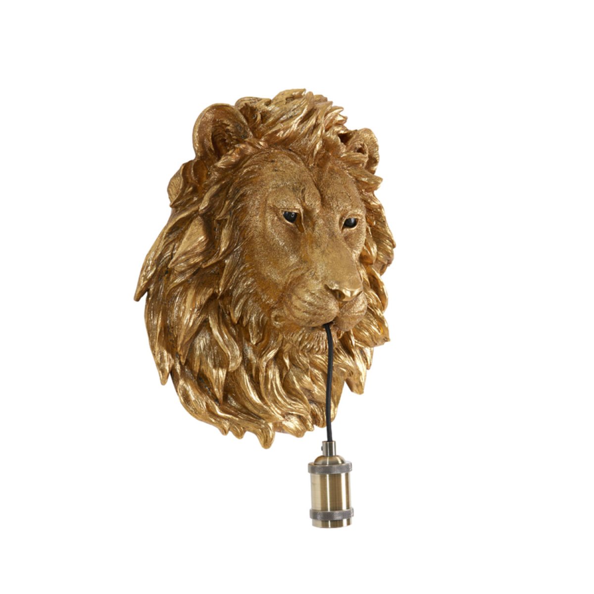 Lion 40cm Bronzen wandlamp Van Light & Living - De lichtbron hangt elegant uit de bek van de leeuw met een decoratieve messing voet, wat een gedurfde en opvallende sfeer creëert.