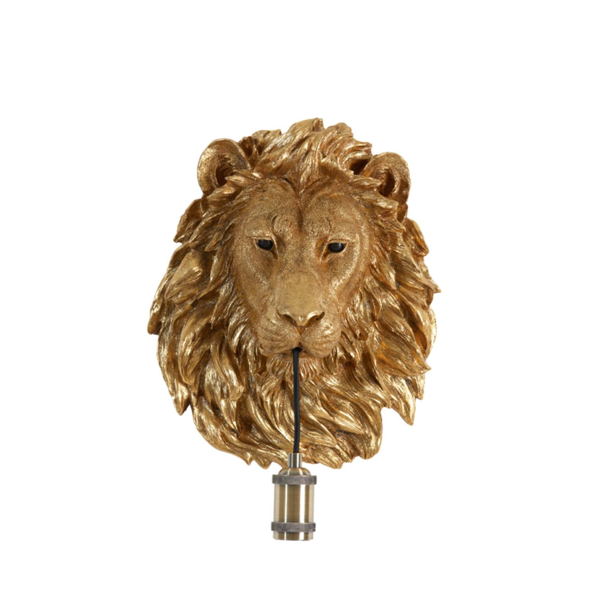 Lion 40cm Bronzen wandlamp Van Light & Living - De lichtbron hangt elegant uit de bek van de leeuw met een decoratieve messing voet, wat een gedurfde en opvallende sfeer creëert.