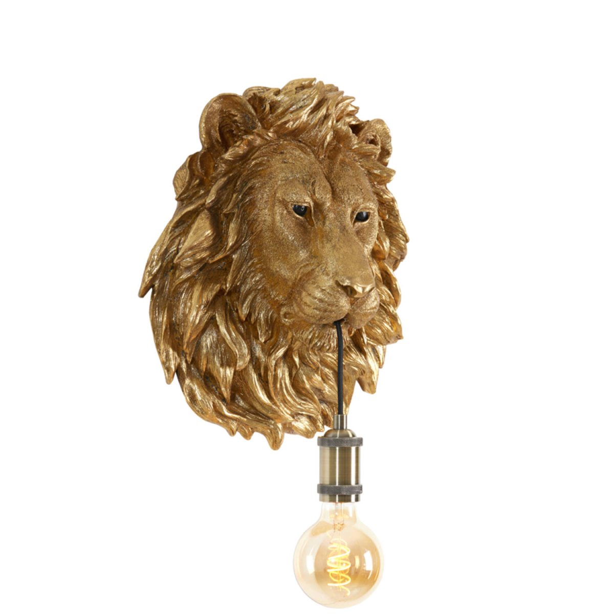 Lion 40cm Bronzen wandlamp Van Light & Living - De lichtbron hangt elegant uit de bek van de leeuw met een decoratieve messing voet, wat een gedurfde en opvallende sfeer creëert.