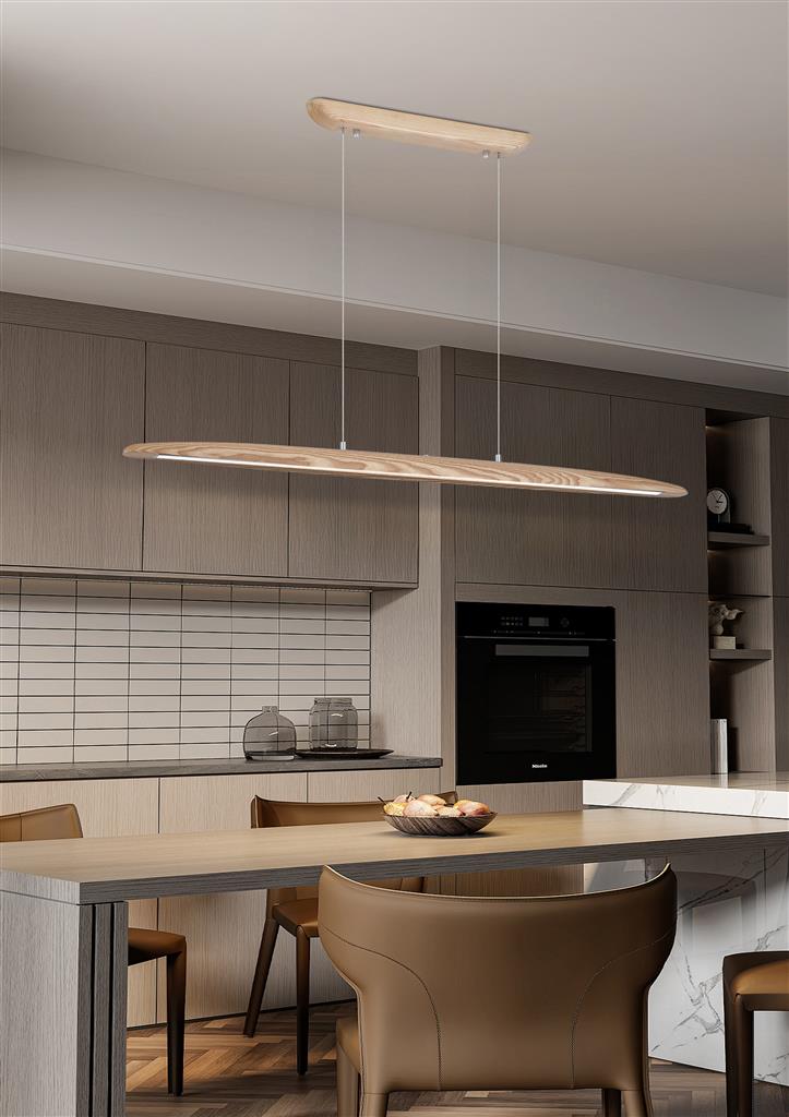 Kenzie 120cm Hout hanglamp Van Searchlight - De geïntegreerde ledstrip verspreidt het licht naar beneden en zorgt voor een aangename, gelijkmatige verlichting boven de eettafel, keuken of bureau.