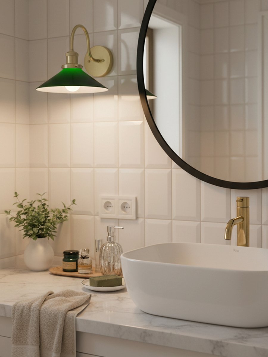 August 38cm Messing/groen badkamerlamp Van PR Home - Deze schoenmakerslamp is speciaal ontworpen voor badkamers en heeft een elegante glazen kap met een diameter van 25 cm, die het licht zacht en gelijkmatig verspreidt.