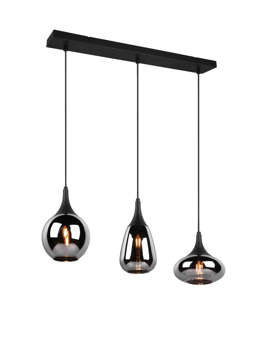 Lumina 68cm Zwart hanglamp Van Trio Lighting - De verschillende vormen van de drie lampenkappen en de combinatie van metaal en glas cre&euml;ren een prachtige en unieke lichtsfeer en geven uw eethoek een moderne toets.