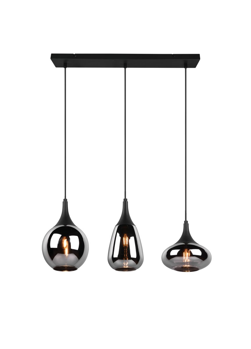 Lumina 68cm Zwart hanglamp Van Trio Lighting - De verschillende vormen van de drie lampenkappen en de combinatie van metaal en glas cre&euml;ren een prachtige en unieke lichtsfeer en geven uw eethoek een moderne toets.