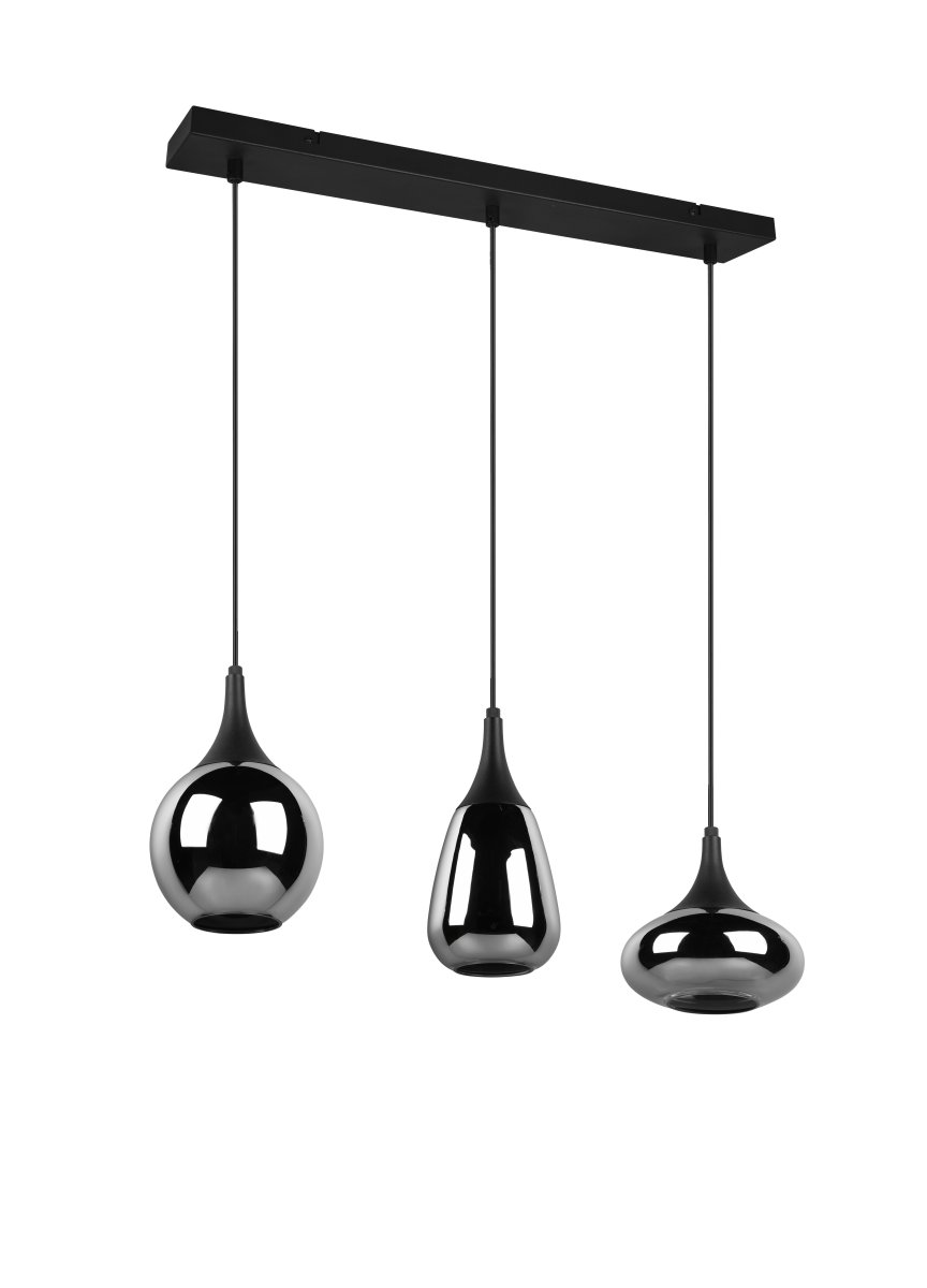 Lumina 68cm Zwart hanglamp Van Trio Lighting - De verschillende vormen van de drie lampenkappen en de combinatie van metaal en glas cre&euml;ren een prachtige en unieke lichtsfeer en geven uw eethoek een moderne toets.