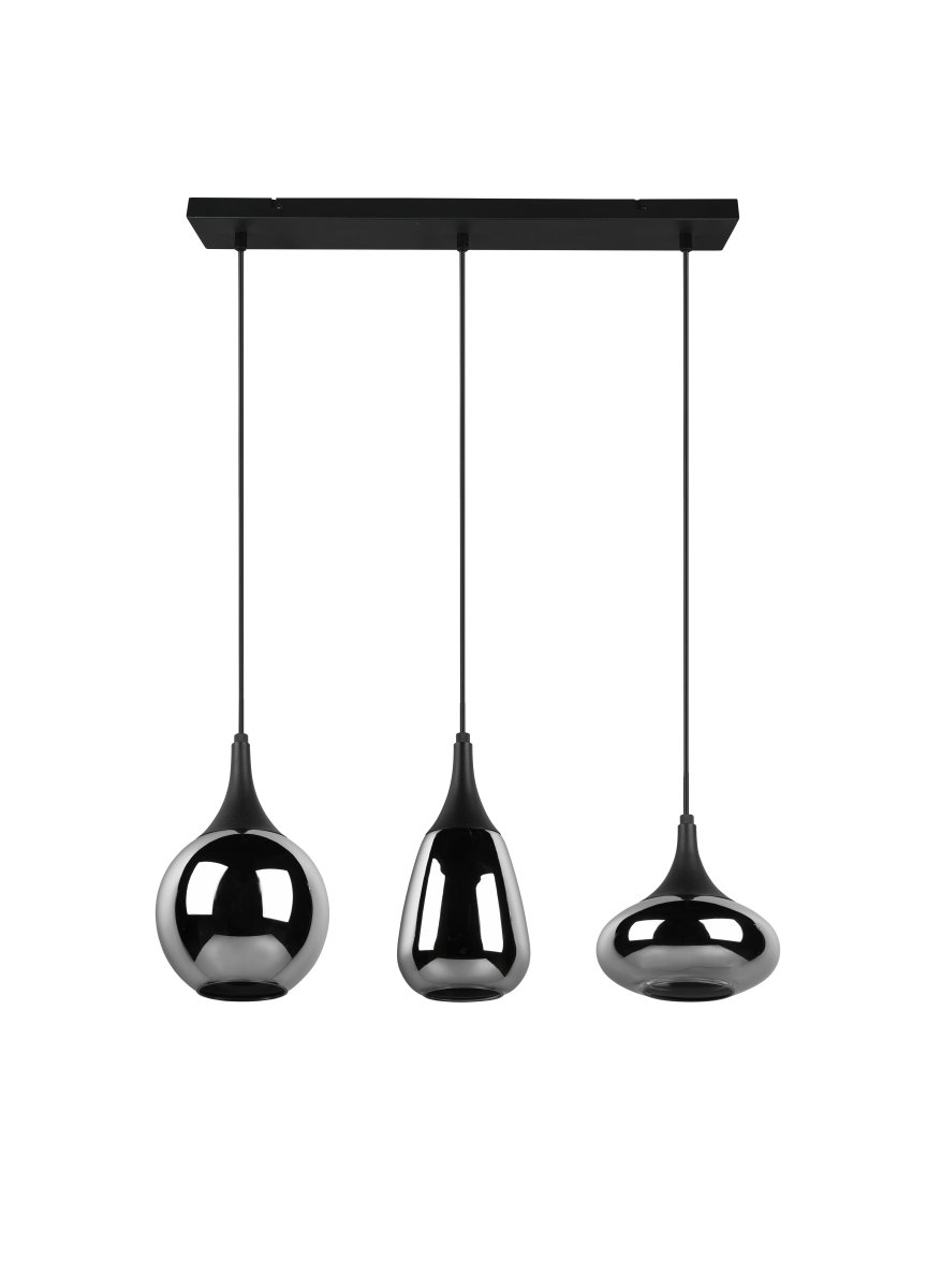 Lumina 68cm Zwart hanglamp Van Trio Lighting - De verschillende vormen van de drie lampenkappen en de combinatie van metaal en glas cre&euml;ren een prachtige en unieke lichtsfeer en geven uw eethoek een moderne toets.