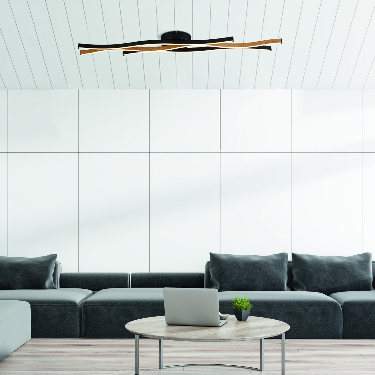 Bloom 108cm Zwart plafondlamp Van Searchlight - De Bloom plafondlamp in zwart metaal en houtlook is een stijlvol en functioneel interieurdetail dat elke kamer zal verfraaien.