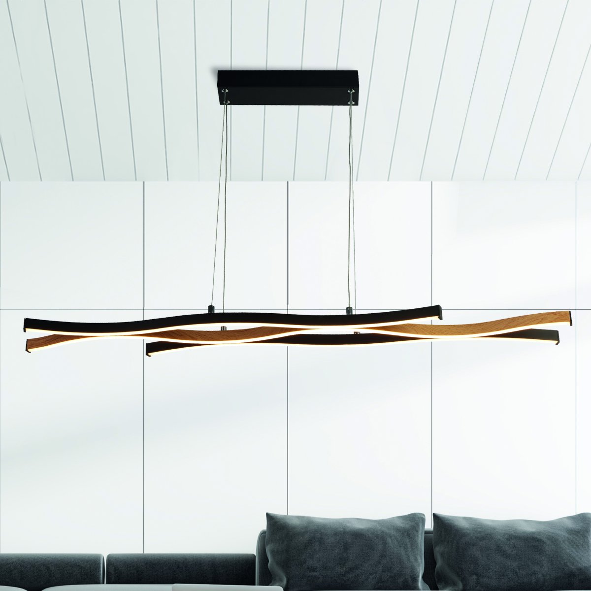 Bloom 108cm Zwart hanglamp Van Searchlight - De Bloom hanglamp in zwart metaal en houtlook is een indrukwekkend interieurdetail dat stijl en functionaliteit combineert en uw woonkamer of eetkamer naar een hoger niveau tilt.