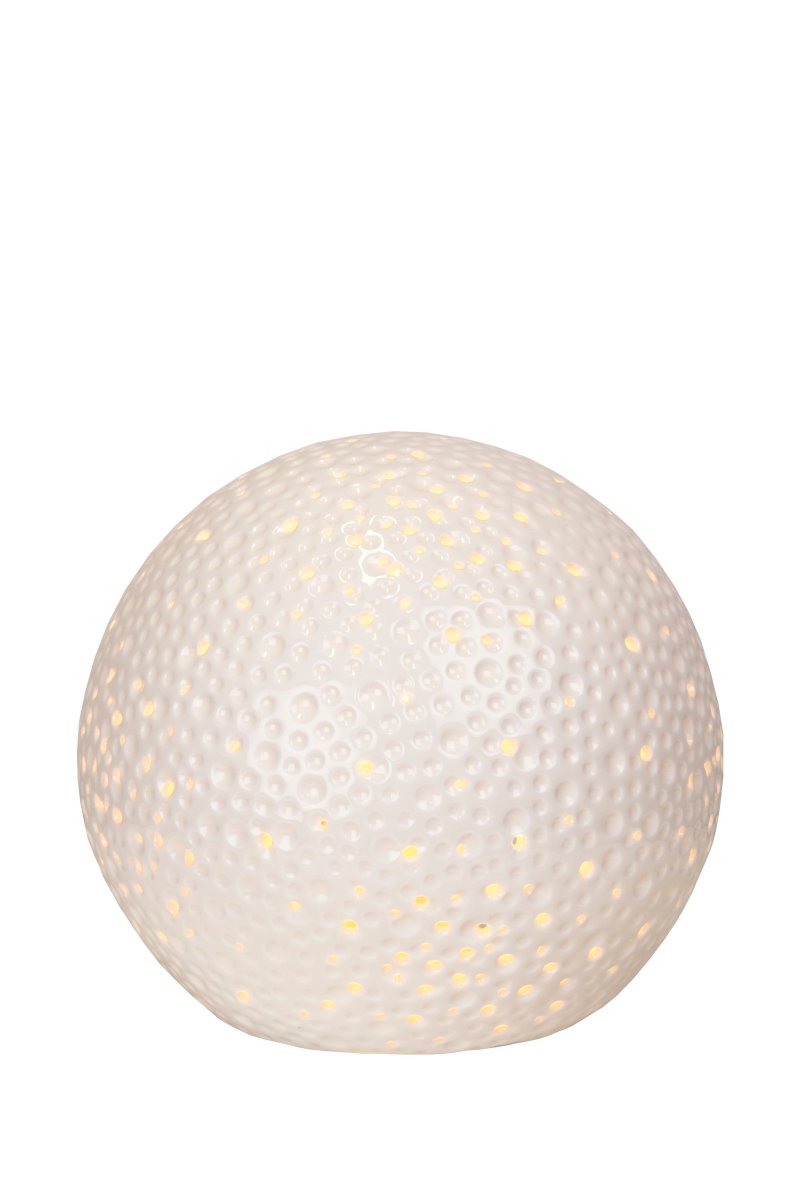 Moonlight 20cm Wit tafellamp Van Globen Lighting - In het oppervlak van deze iets modernere tafellamp zien we zowel geperforeerde gaten van verschillende groottes als kraters die doen denken aan het uiterlijk van mannen.