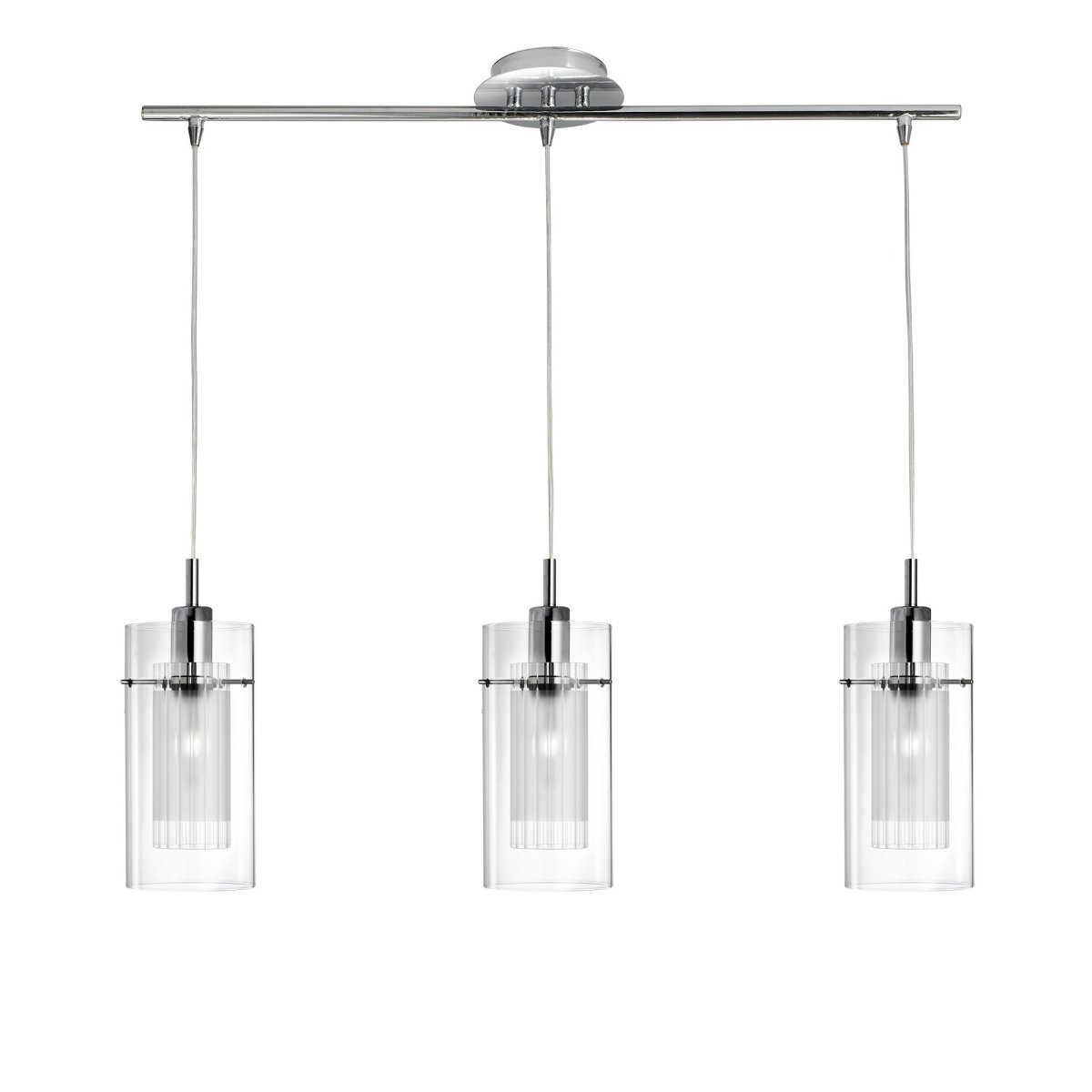 Duo 70cm Chroom hanglamp Van Searchlight - De drie glazen kappen hebben een buitenste, heldere glazen kap en een binnenste, gematteerde kap, wat zorgt voor een elegant licht.