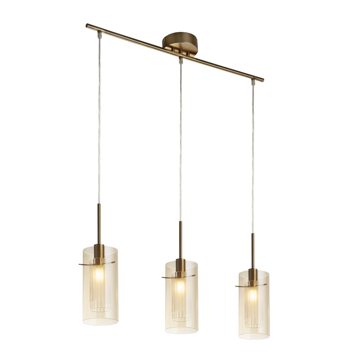 Duo 70cm Bronzen hanglamp Van Searchlight - De lamp is gemaakt van metaal met een stijlvolle bronzen afwerking en heeft drie cilindrische glazen kappen van amberkleurig glas.