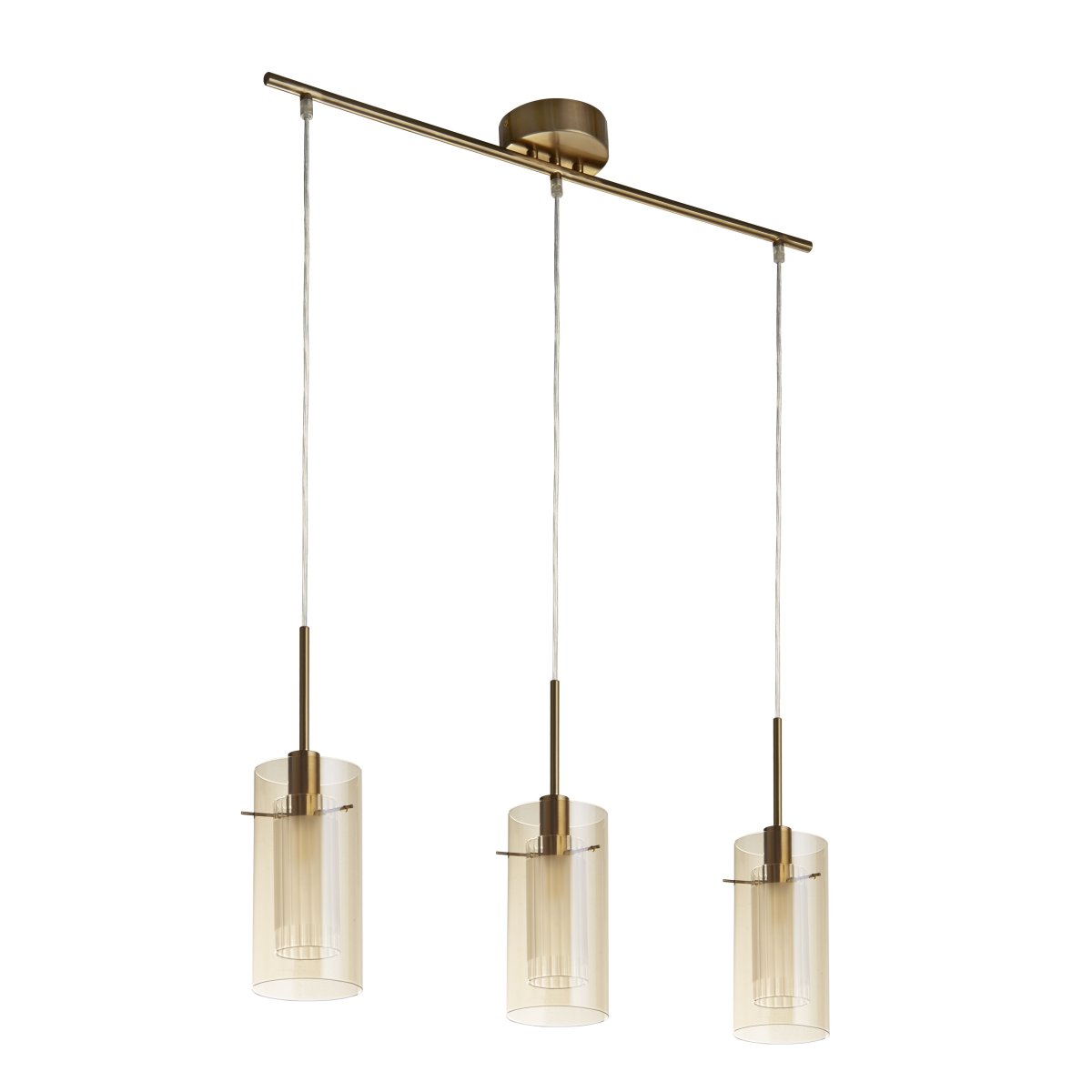 Duo 70cm Bronzen hanglamp Van Searchlight - De lamp is gemaakt van metaal met een stijlvolle bronzen afwerking en heeft drie cilindrische glazen kappen van amberkleurig glas.