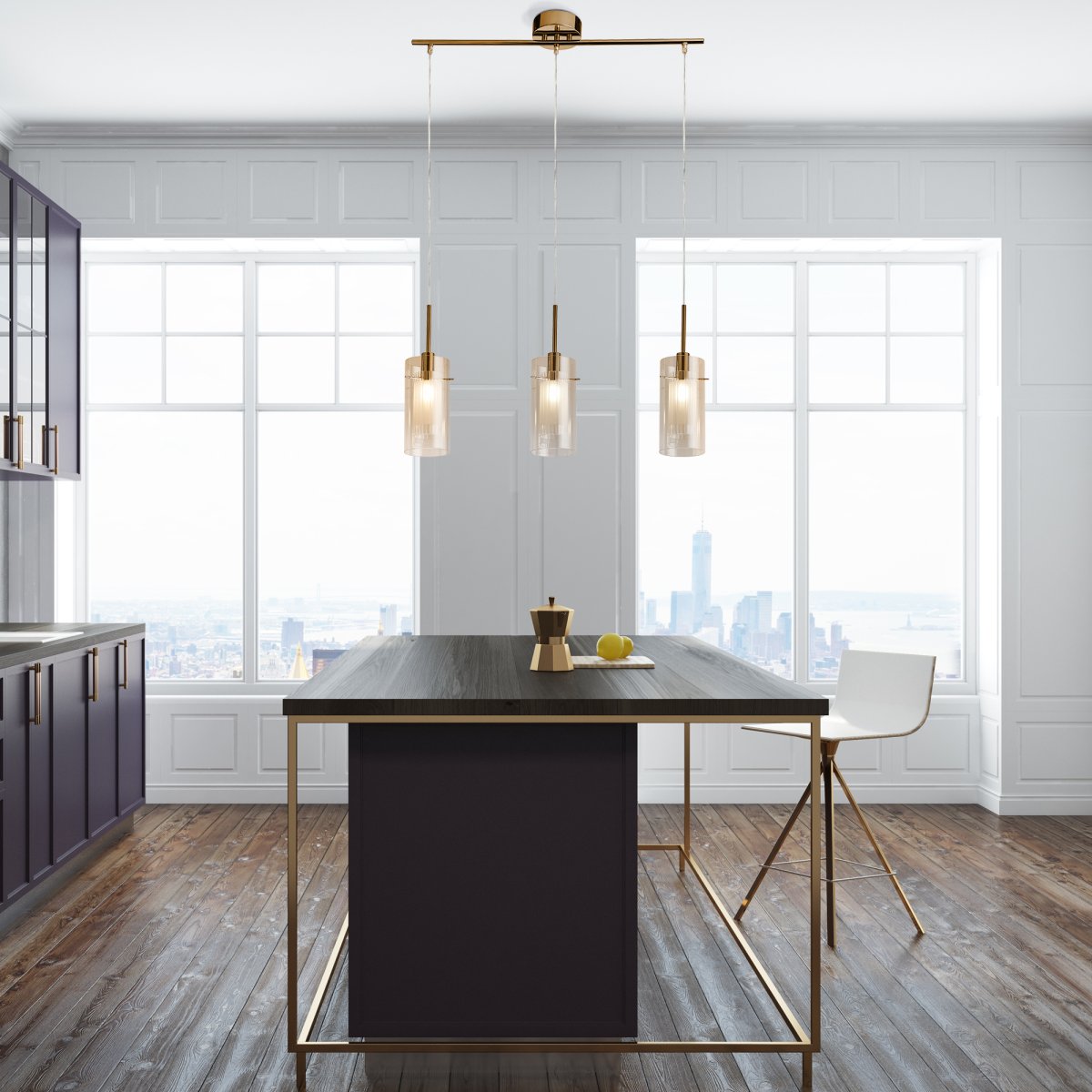 Duo 70cm Bronzen hanglamp Van Searchlight - De lamp is gemaakt van metaal met een stijlvolle bronzen afwerking en heeft drie cilindrische glazen kappen van amberkleurig glas.