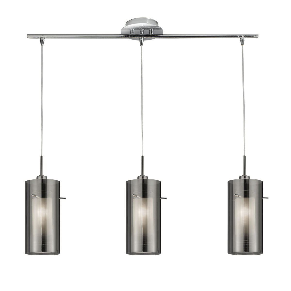 Duo 70cm Zilver hanglamp Van Searchlight - De drie glazen kappen hebben een gerookte buitenkant en een matte binnenkant, die samen een elegant licht creëren.