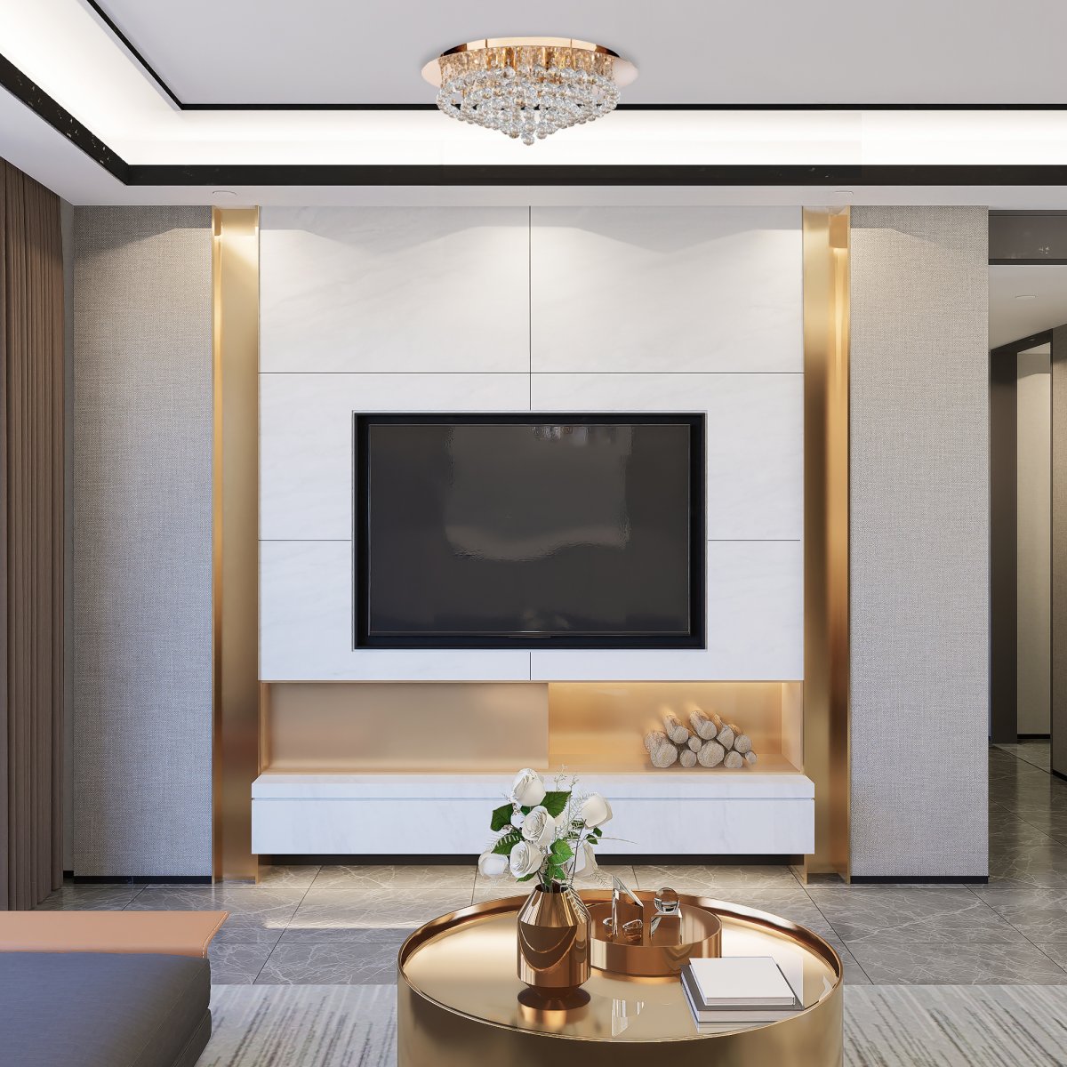 Hanna Ø55 Goud plafondlamp Van Searchlight - De luxueuze lamp hangt dicht bij het plafond en heeft acht lichtbronnen, omgeven door decadente kristallen randen en ballen.