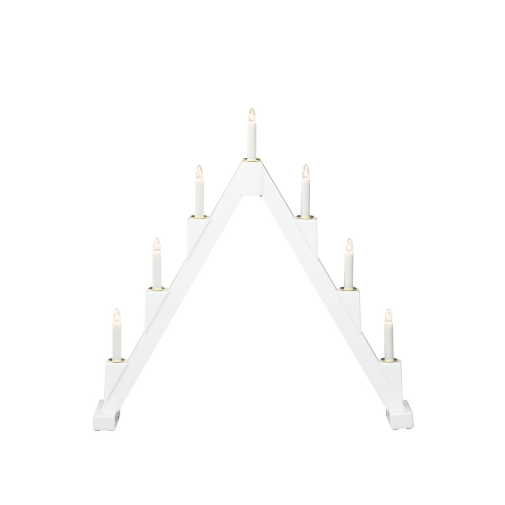 Candelabra 7 Lights Wit Van Konstsmide - Opvouwbare elektrische kandelaar met 7 kaarsen, gemaakt van wit geverfd draad, versierd met messing ringen rond elke kaars voor een elegante toets.