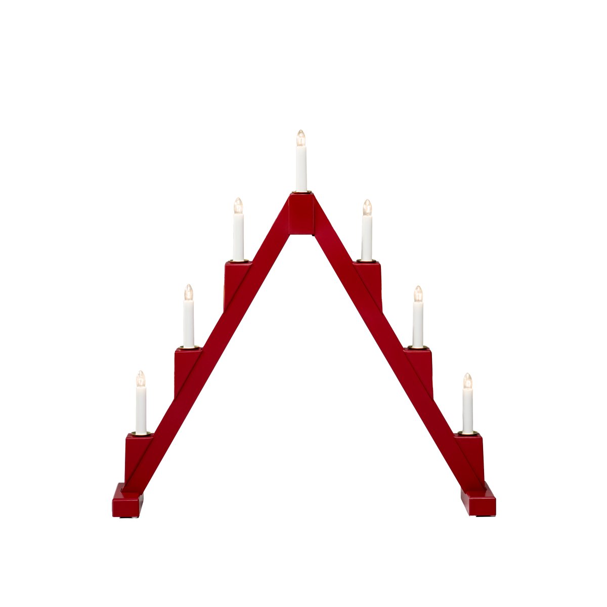 Candelabra 7 Lights ROOD Van Konstsmide - Opvouwbare elektrische kandelaar met 7 kaarsen, gemaakt van rood geverfd hout, versierd met messing ringen rond elke kaars voor een elegante toets.