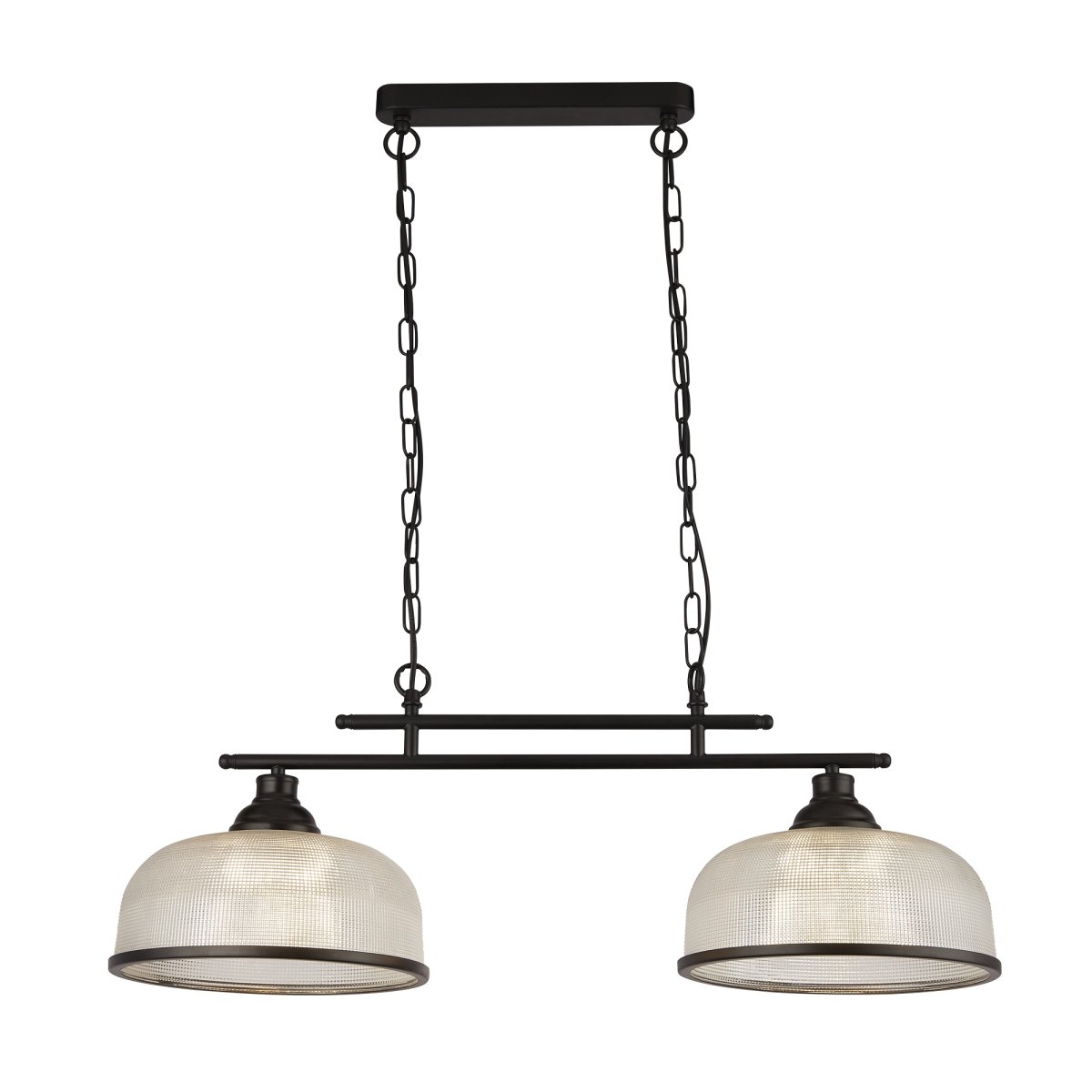 Highworth 75cm Zwart hanglamp Van Searchlight - Het zwarte metaal omlijst de glazen kappen op een elegante manier, en dankzij het in hoogte verstelbare ontwerp kun je de lamp gemakkelijk aanpassen aan de kamer en de gewenste sfeer.
