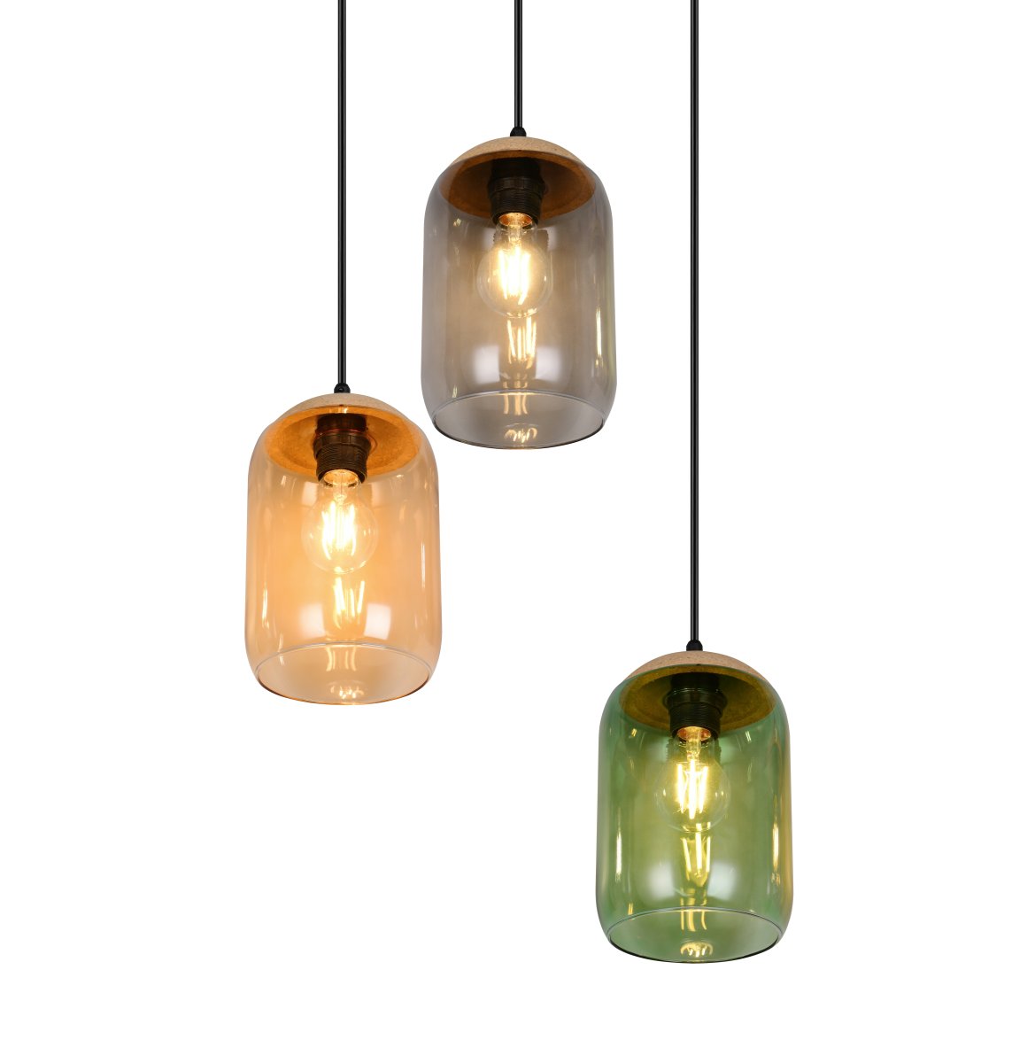 Cork Ø30 Veelkleurig hanglamp Van Trio Lighting - De materiaalmix van kurk, glas en metaal benadrukt een balans tussen modern design en de schoonheid van de natuur - Ideaal om een rustige en sfeervolle omgeving te cre&euml;ren.