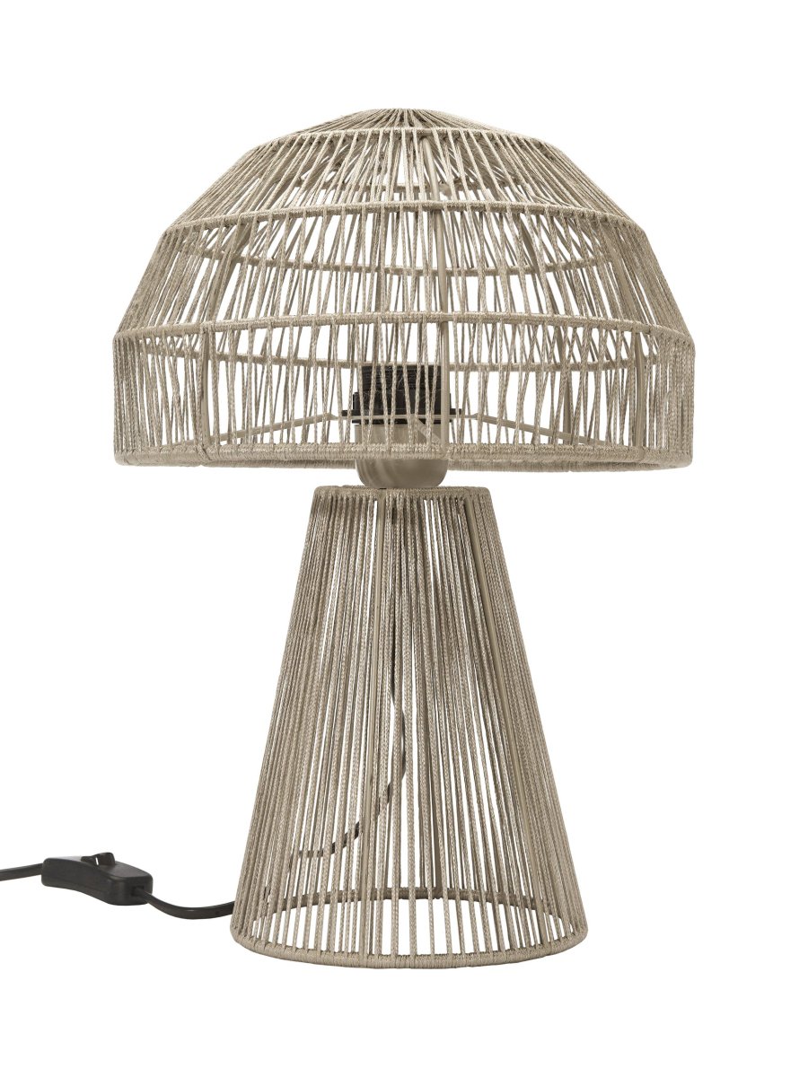Porcini 37cm Beige tafellamp Van PR Home - De Porcini tafellamp is een handgemaakte lamp, gemaakt van een metalen frame dat met de hand is omwikkeld met glanzend garen, waardoor het licht door de draden fijn wordt gefilterd.