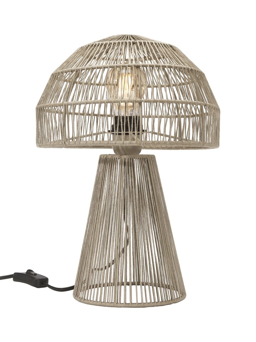 Porcini 37cm Beige tafellamp Van PR Home - De Porcini tafellamp is een handgemaakte lamp, gemaakt van een metalen frame dat met de hand is omwikkeld met glanzend garen, waardoor het licht door de draden fijn wordt gefilterd.