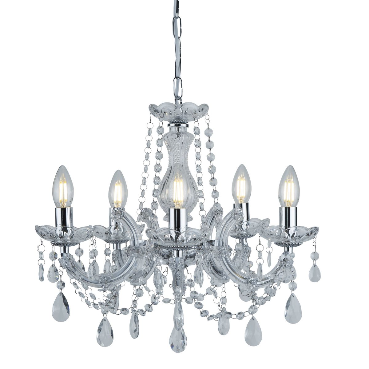 Marie Therese Ø48 Chroom hanglamp Van Searchlight - De spectaculaire en sprankelende Marie Therese kroonluchter met 5 lichtpunten en gepolijste chromen afwerking heeft een aristocratische stijl die een theatrale sfeer toevoegt aan grote ruimtes.