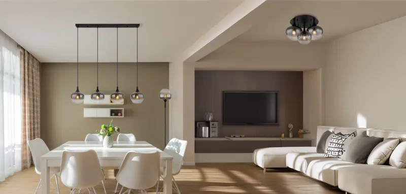 Maxy Ø45 Rookkleurig plafondlamp Van Globo Lighting - P&aring; en rund takplatta av matttsvart metall sitter tre vackert formade r&ouml;kf&auml;rgade glaskupor.