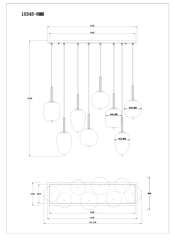 Blacky 102cm Messing hanglamp Van Globo Lighting - Den 102,5 cm l&aring;nga pendellampan har en rektangul&auml;r m&auml;ssingsf&auml;rgad metallplatta, fr&aring;n denna h&auml;nger &aring;tta svarta kablar med runda, r&ouml;kf&auml;rgade glasglober i olika former.