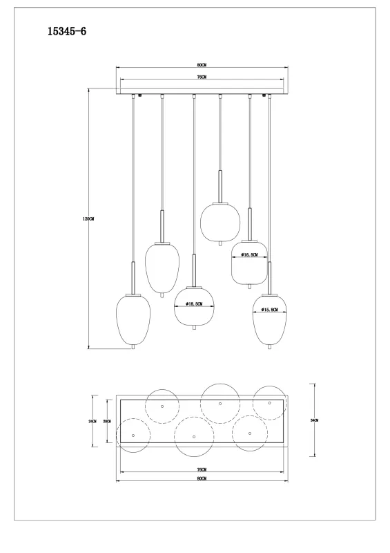 Blacky 80cm Zwart hanglamp Van Globo Lighting - Lampan &auml;r tillverkad av svart metall och best&aring;r av sex r&ouml;kf&auml;rgade glasglober i olika former, var och en upph&auml;ngda i svarta kablar fr&aring;n taket.