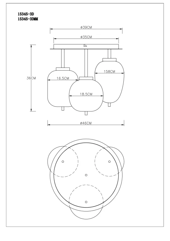 Blacky Ø46 Messing plafondlamp Van Globo Lighting - Lampan &auml;r utrustad med 3st r&ouml;kf&auml;rgade glaskupor i olika former, som h&auml;nger fr&aring;n taket p&aring; mattsvarta st&auml;nger f&auml;sta vid en m&auml;ssingsf&auml;rgad bas.