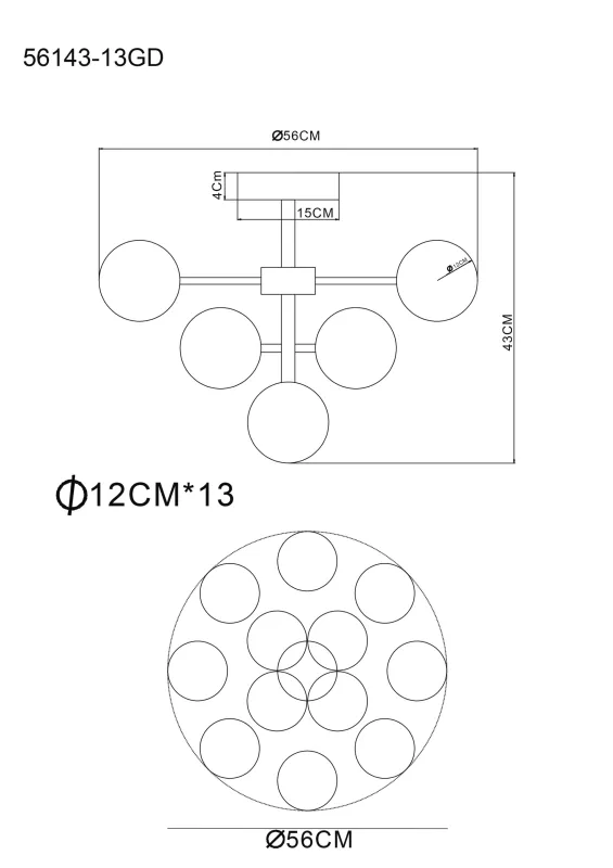 Grappy Ø56 Goud plafondlamp Van Globo Lighting - Grappy plafond i guldf&auml;rgad metall blir en stilfull och lyxig detalj i varje rum med sin glamor&ouml;sa design och de 13st opalf&auml;rgade glaskulorna.
