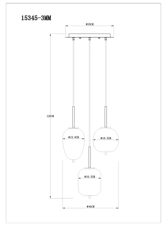 Blacky Ø46 Messing hanglamp Van Globo Lighting - Den best&aring;r av en rund m&auml;ssingsf&auml;rgad metallplatta, fr&aring;n vilken tre svarta kablar med r&ouml;kf&auml;rgade glasglober i olika former h&auml;nger.