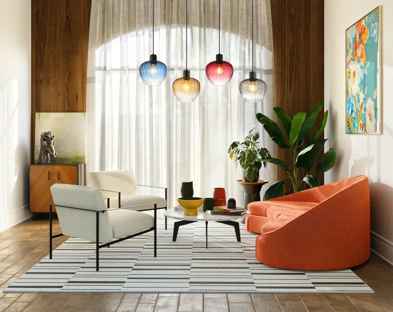 Toy 108cm Veelkleurig hanglamp Van Globo Lighting - Varje glas finns i en av fyra levande f&auml;rger &ndash; r&ouml;d, bl&aring;, b&auml;rnsten och r&ouml;k &ndash; vilket skapar en harmonisk ljusst&auml;mning och ger rummet imponerande f&auml;rgaccenter.