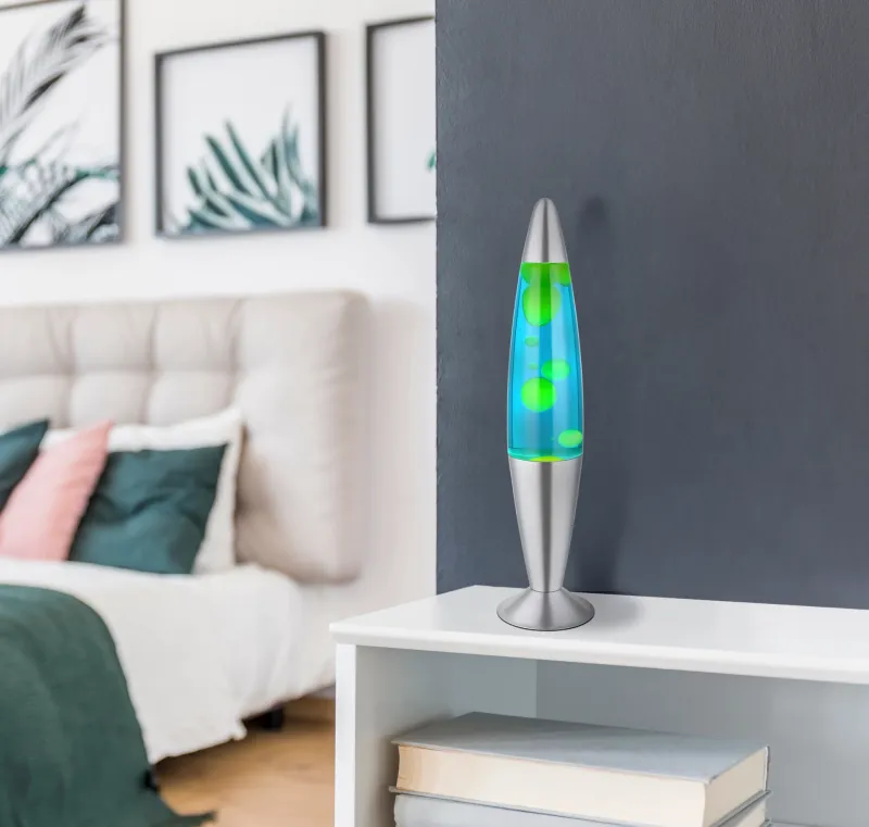 Etna Zilver kinderlamp Van Globo Lighting - Etna &auml;r en fascinerande lavalampa med bl&aring; v&auml;tska och gult vax som sm&auml;lter l&aring;ngsamt och skapar hypnotiska ljuseffekter.
