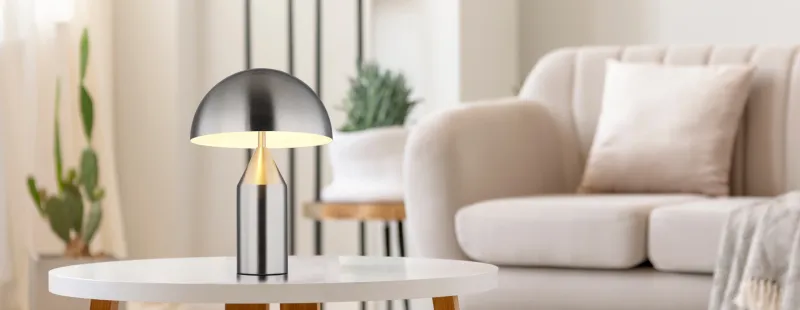 Atoma 40cm Nikkel tafellamp Van Globo Lighting - Sk&auml;rmen i matt nickel och vitt skapar en harmonisk kontrast och ger en behaglig ljusspridning.