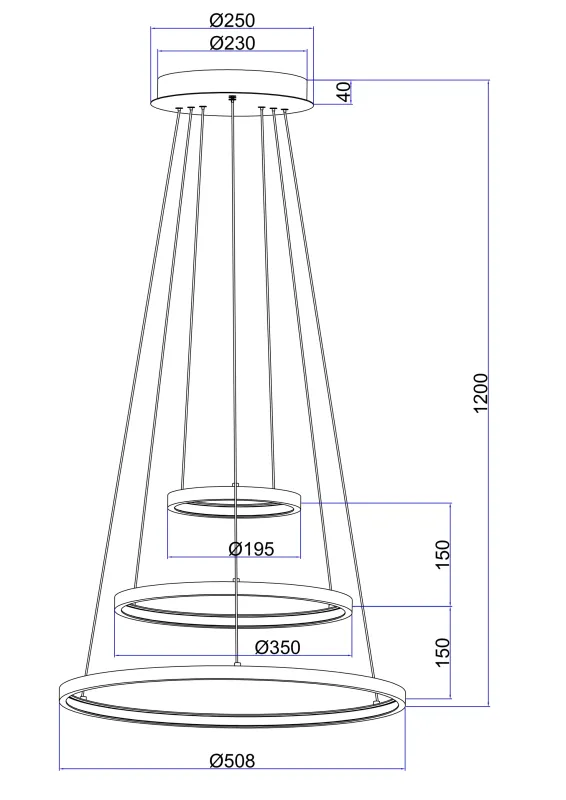 Ralph Ø50 Zwart hanglamp Van Globo Lighting - Designad med tre ringar och en h&ouml;jd p&aring; 120 cm, ger den ett unikt och stilrent uttryck.