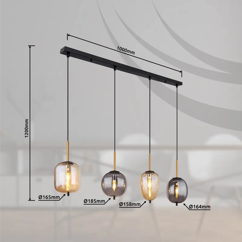 Blacky 110cm Amber hanglamp Van Globo Lighting - De fyra r&ouml;k- och amberf&auml;rgade glasgloberna i olika former h&auml;nger fr&aring;n en svart, rektangul&auml;r takplatta och kan justeras upp till 120 cm fr&aring;n taket.